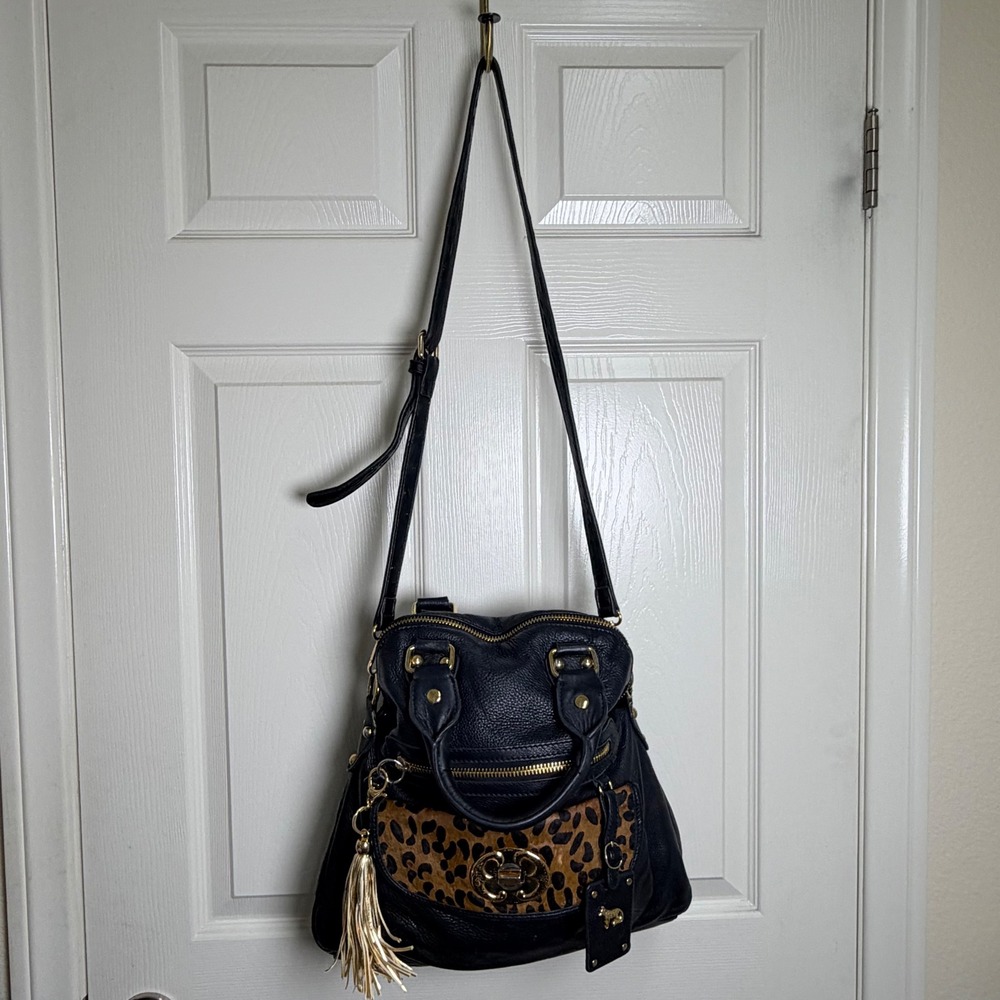Emma Fox Black Leather Leopard Calf Hair Satchel Crossbody Bag Y2K Gold Hardware